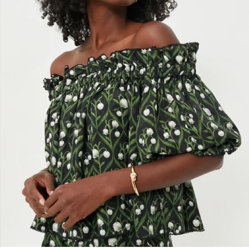 AGUA BY AGUA BENDITA Floral Off-Shoulder Top - Black and Green Size M